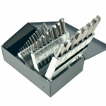 Set of solid carbide straight flute drill bits in metal index case