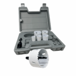 7-piece Electrician Hole Saw Kit with six white hole saws (7/8" to 2-1/2"), two arbors, and an extra pilot bit in a gray molded carrying case.