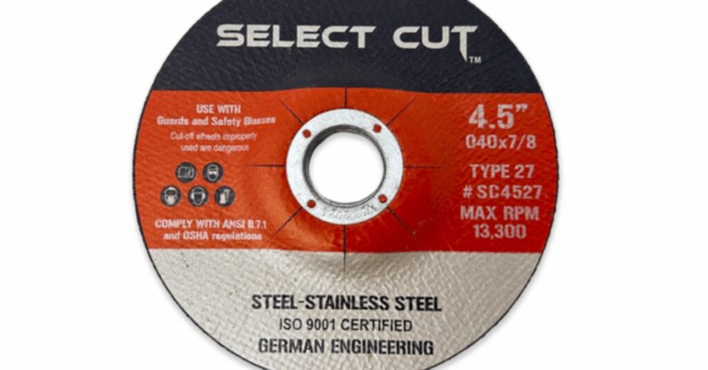 A round red, black, and white cutting wheel with printed specifications shown against a white background.
