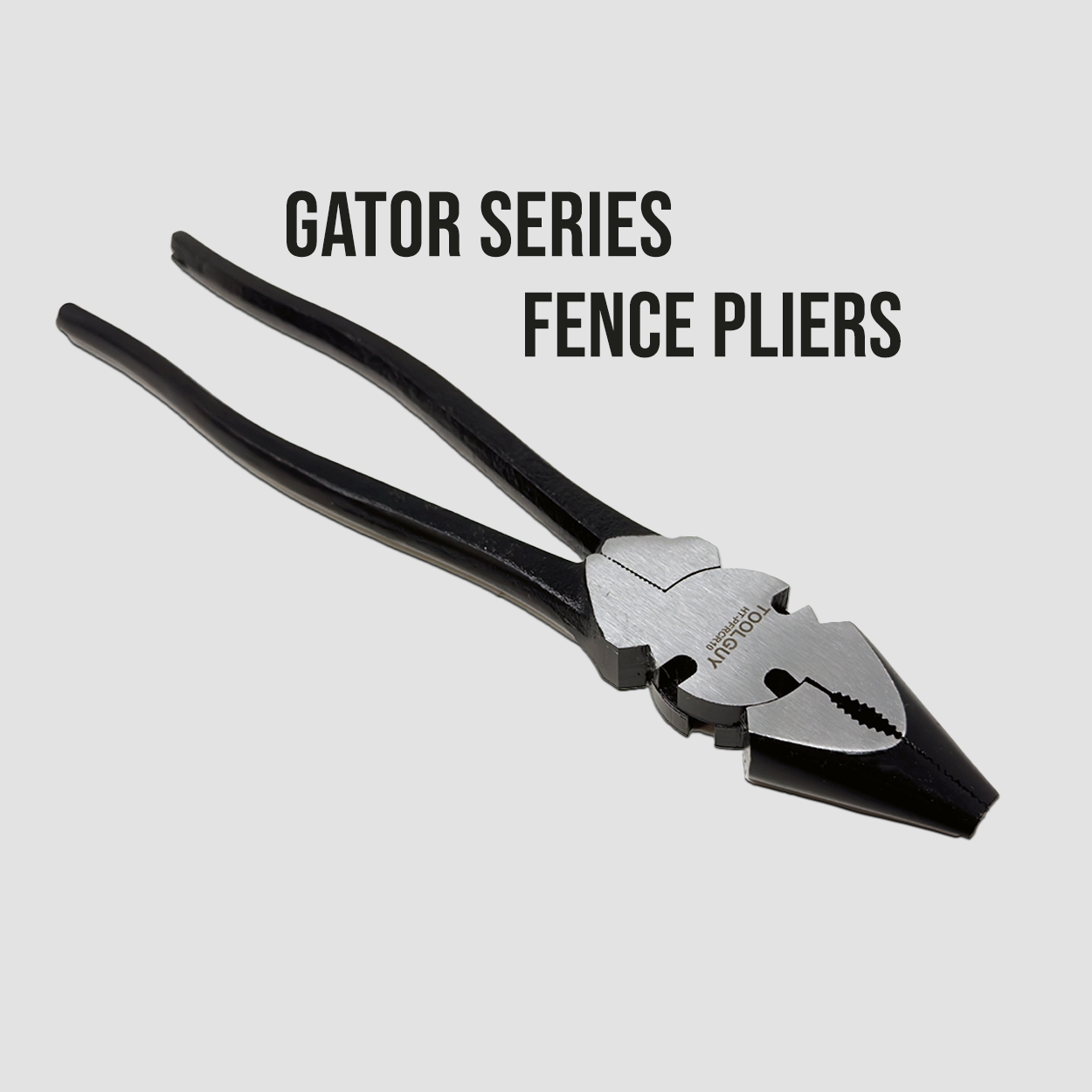 a black pair of fence pliers angled on a gray background beside large black text naming the tool series.