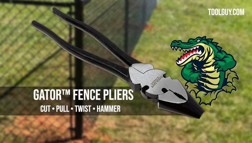 a black pair of fence pliers beside an illustrated green alligator and white text over a blurred chain-link fence.