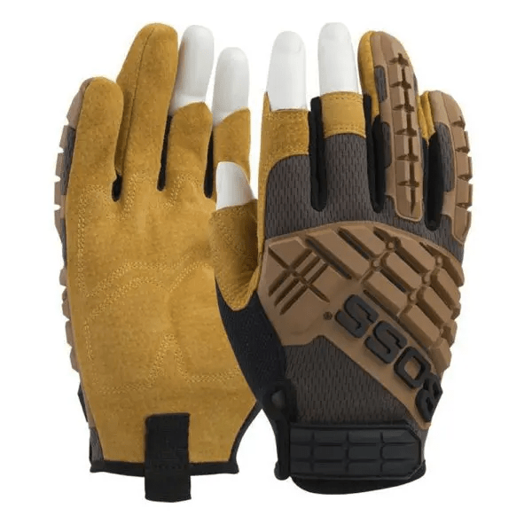 A pair of yellow, brown, black, and white work gloves with padded backs, textured fingers, and pull tabs.