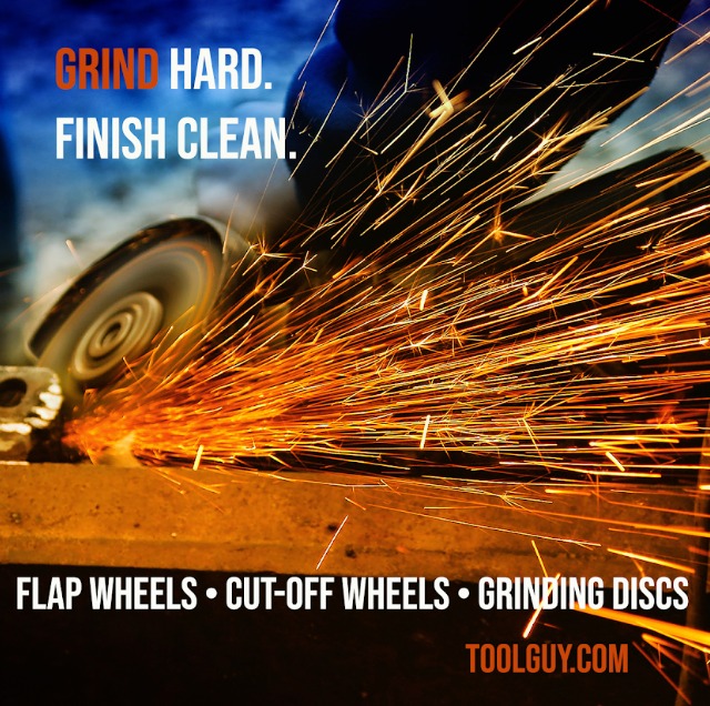 Angle grinder cutting metal with a shower of bright orange sparks, capturing intense grinding action.
