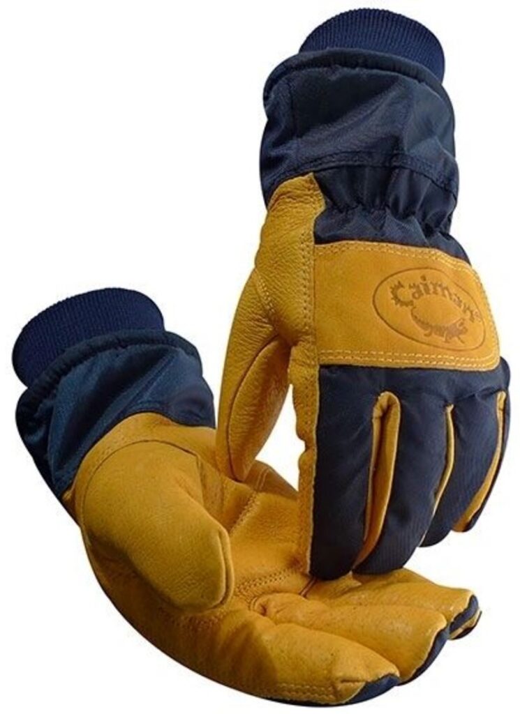 A pair of yellow and navy work gloves with ribbed cuffs, leather palms, padded fingers, and stitched accents.