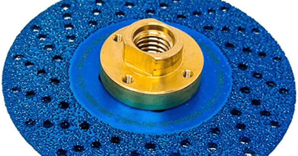 Blue abrasive grinding disc with a textured, perforated surface and a raised gold threaded metal hub in the center.