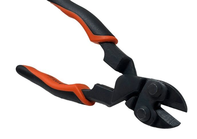 Black bolt cutters with curved orange and black comfort-grip handles, heavy-duty steel jaws, and a compact cutting head.