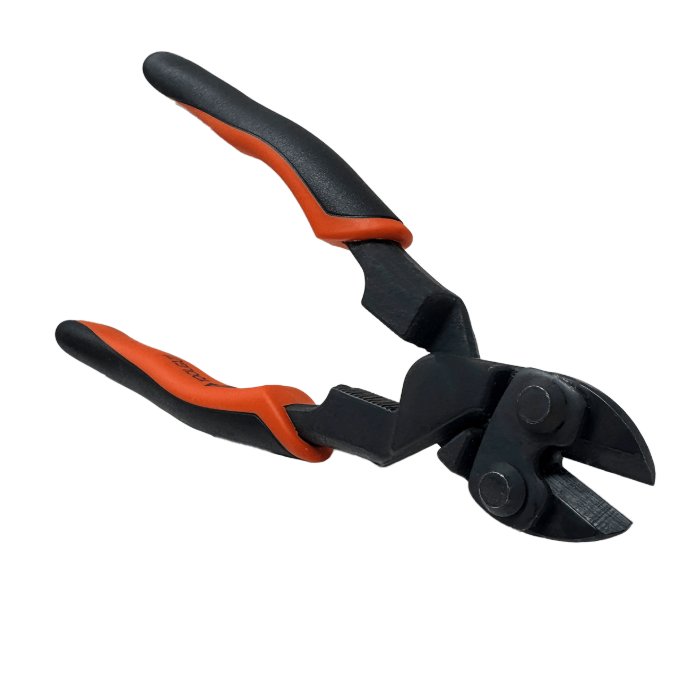 Black bolt cutters with curved orange and black comfort-grip handles, heavy-duty steel jaws, and a compact cutting head.